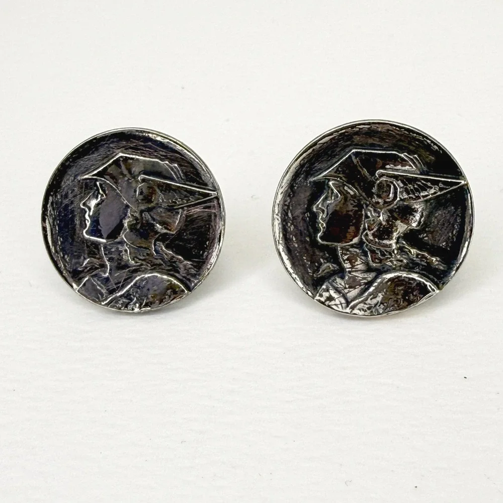 Swank Vintage Mercury God Roman Mythology Silver Tone Round Cufflinks Patina
